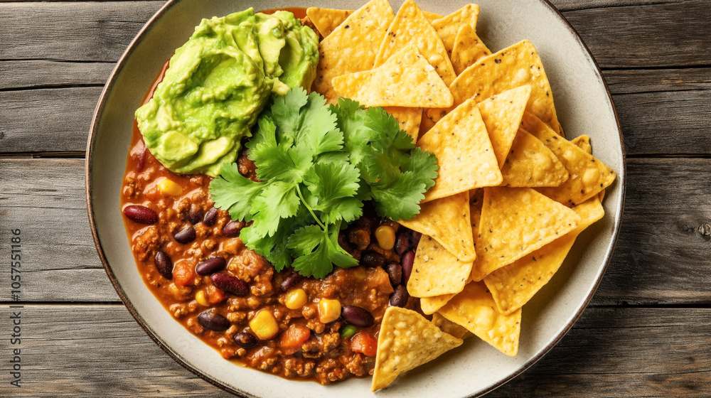Plate with nachos, chili con carne, guacamole, and cilantro garnish on wooden table surface Plate with nachos, chili con carne, guacamole, and cilantro garnish on wooden table surface