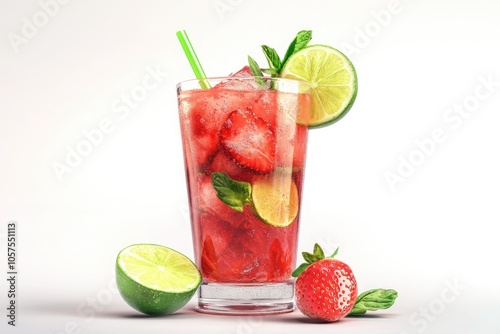 strawberry Mojito cocktail with lime and mint Isolated