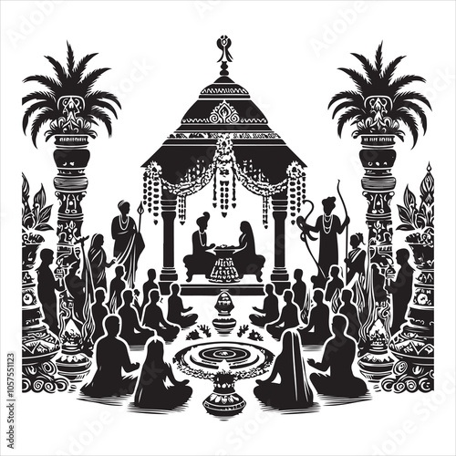 Hindu Wedding Ceremony Silhouette Vector, Black on White Background 
