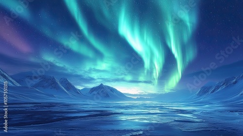 Vibrant Green Aurora Borealis over Frozen Landscape