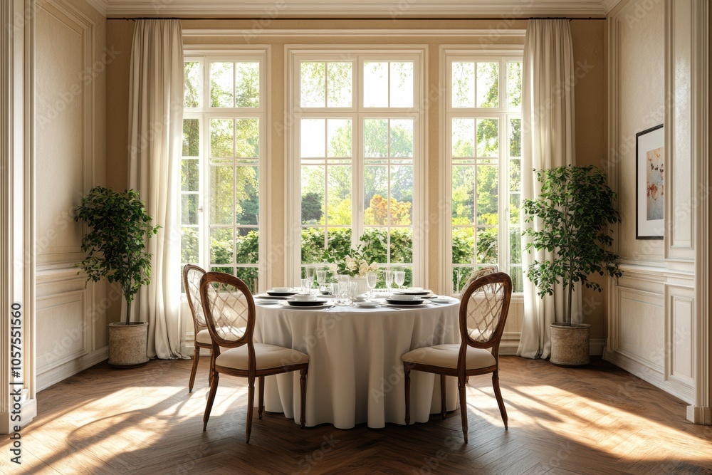 Obraz premium cozy kitchen ambiance, cozy kitchen featuring a round dining table set with elegant dinnerware and a gentle ambiance, complemented by wooden floors and a window view