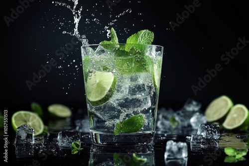 Fresh mojito drink with ice cubes on black background.