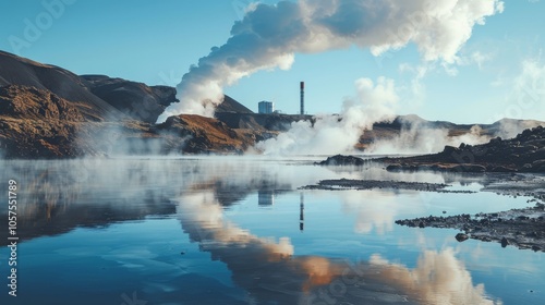 Geothermal energy plant with steam photo