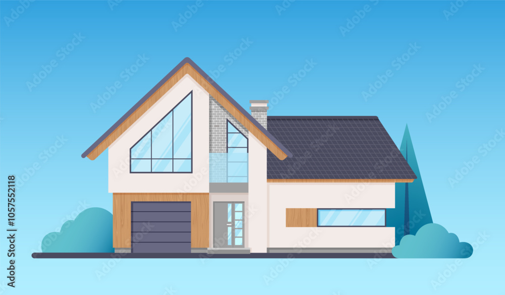 Modern House Illustration. A detailed illustration of a modern, two-story house with large windows and a sleek design. Ideal for real estate, home decor, and architectural illustrations. Modern House Illustration. A detailed illustration of a modern, two-story house with large windows and a sleek design. Ideal for real estate, home decor, and architectural illustrations.