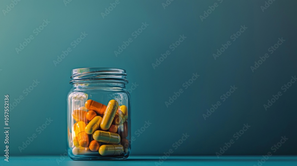 Jar of Orange and Yellow Capsules Against Teal Background Jar of Orange and Yellow Capsules Against Teal Background