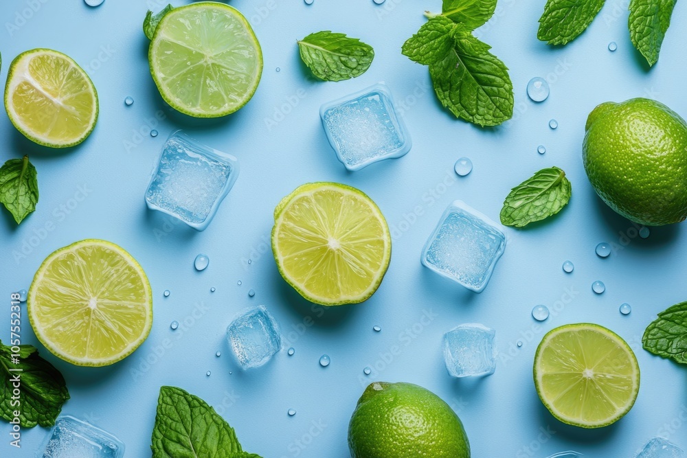 Mint leaves citrus ice water on blue background. Mint leaves citrus ice water on blue background.