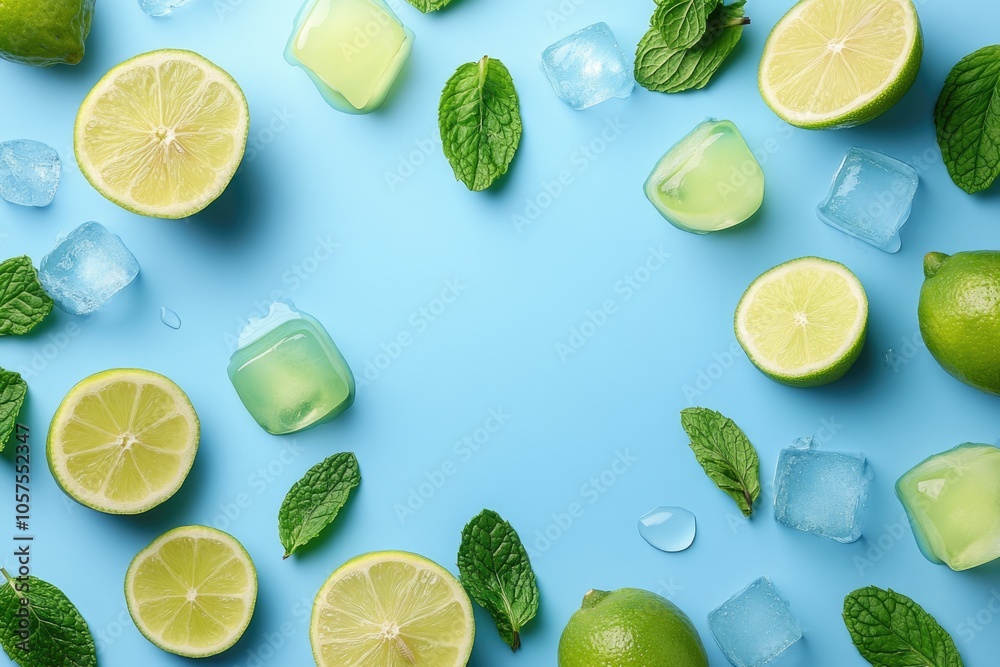 Mint leaves citrus ice water on blue background. Mint leaves citrus ice water on blue background.