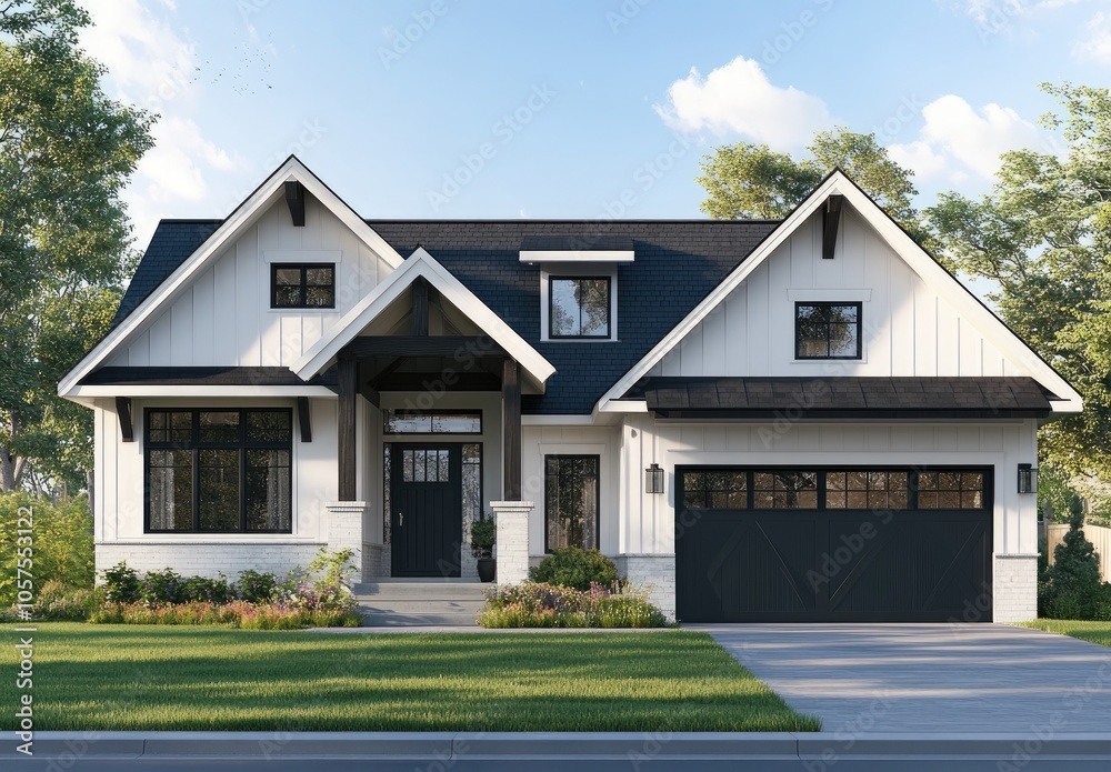 A white farmhouse with a black roof, traditional charm, and modern design elements, featuring large windows for natural light. A white farmhouse with a black roof, traditional charm, and modern design elements, featuring large windows for natural light.