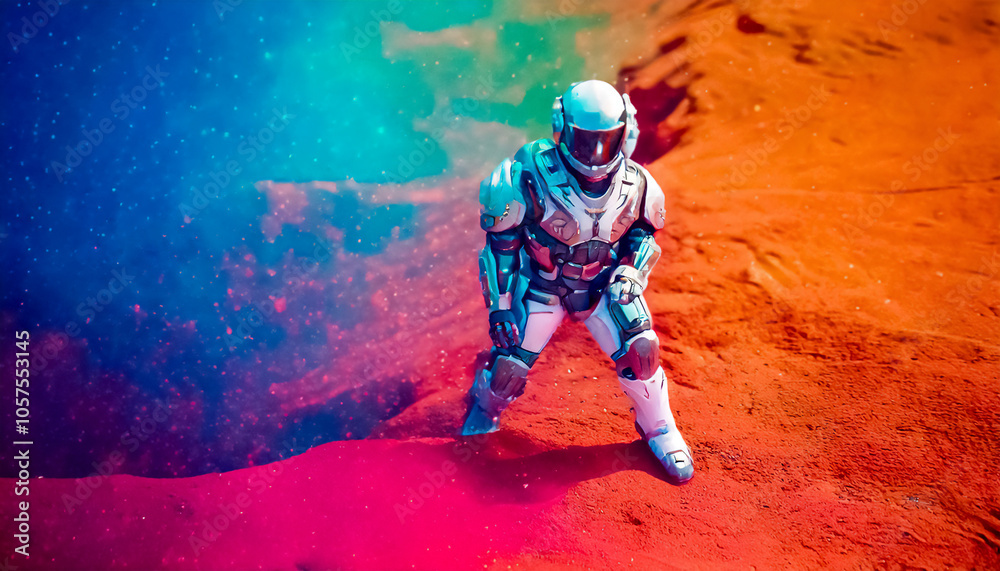 Fototapeta premium Astronaut in armored and robotic spacesuit standing on planet surface, Starship troopers, space exploration and galaxy study mission, space science. Robot astronaut