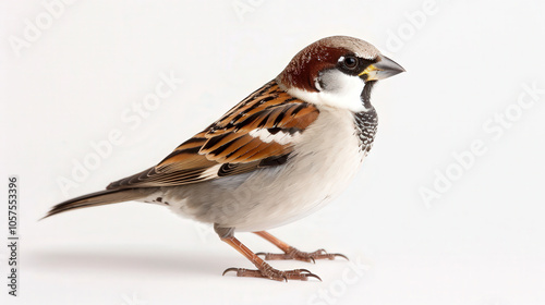 Sparrow in Profile, A brown and white sparrow poised gracefully on one leg, showcasing intricate feather patterns against a clean white backdrop, ideal for promotional use.