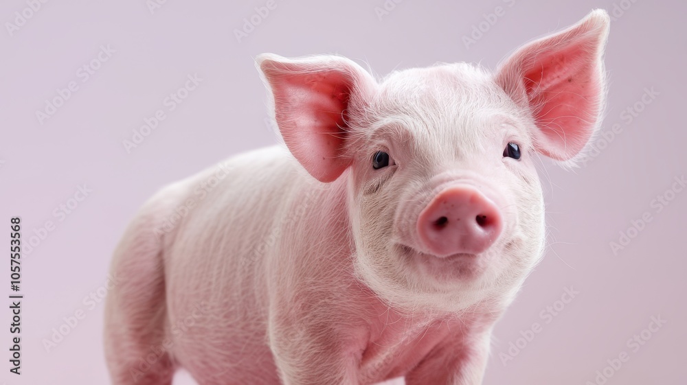 Smiling pink piglet with ears up, facing the camera Smiling pink piglet with ears up, facing the camera