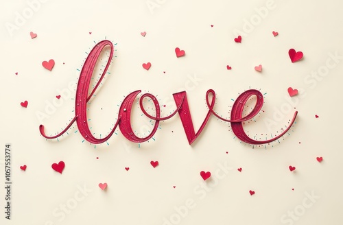 LOVE text with swirling lines and confetti red hearts on light background