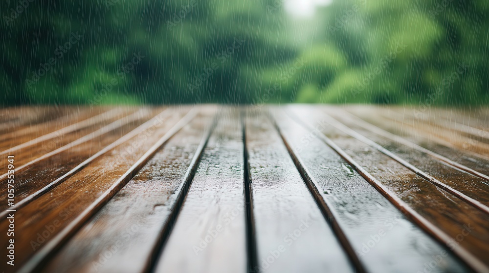 Rainfall on Weathered Deck, soothing drops cascading on aged wood, inviting tranquility, enhancing outdoor spaces with serene ambiance and rich textures.
