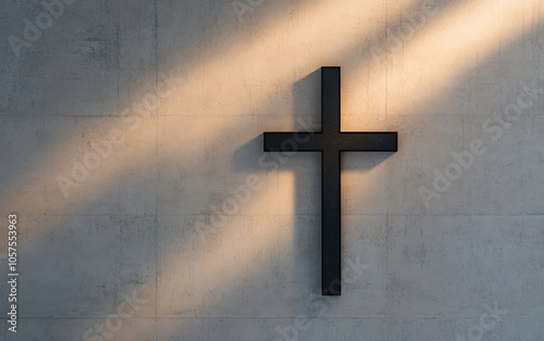 Elegant black cross on a softly lit wall, with gentle light rays radiating from behind, creating a tranquil and reflective space