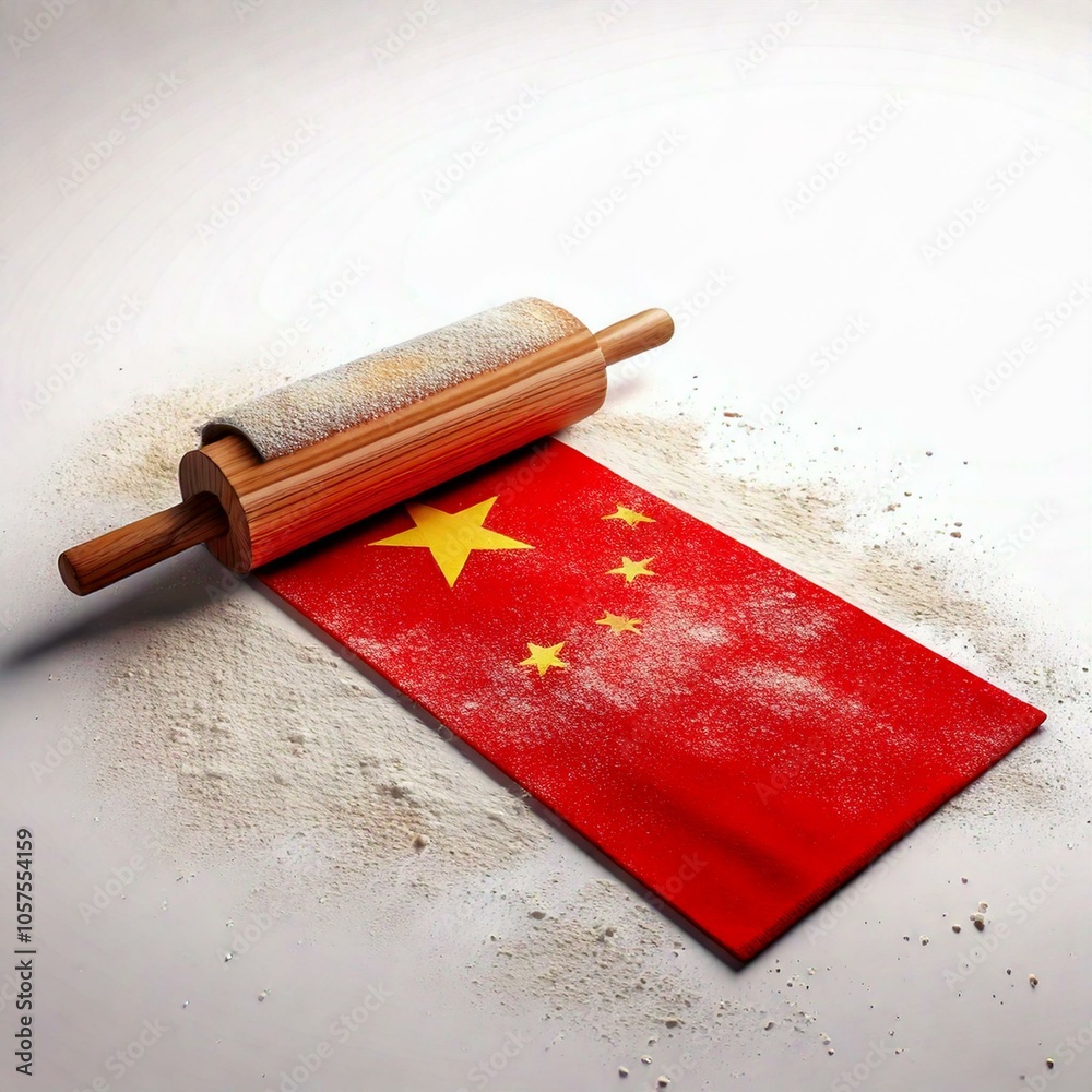 A rolling pin and Chinese flag covered with dough dust A rolling pin and Chinese flag covered with dough dust