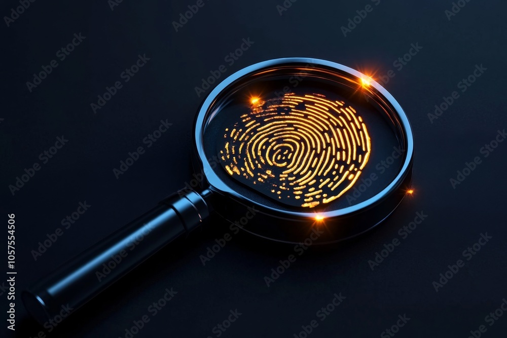 Minimalist depiction of a fingerprint and magnifying glass, symbolizing forensic analysis in a clean, straightforward design, symbolizing investigation and insight Minimalist depiction of a fingerprint and magnifying glass, symbolizing forensic analysis in a clean, straightforward design, symbolizing investigation and insight