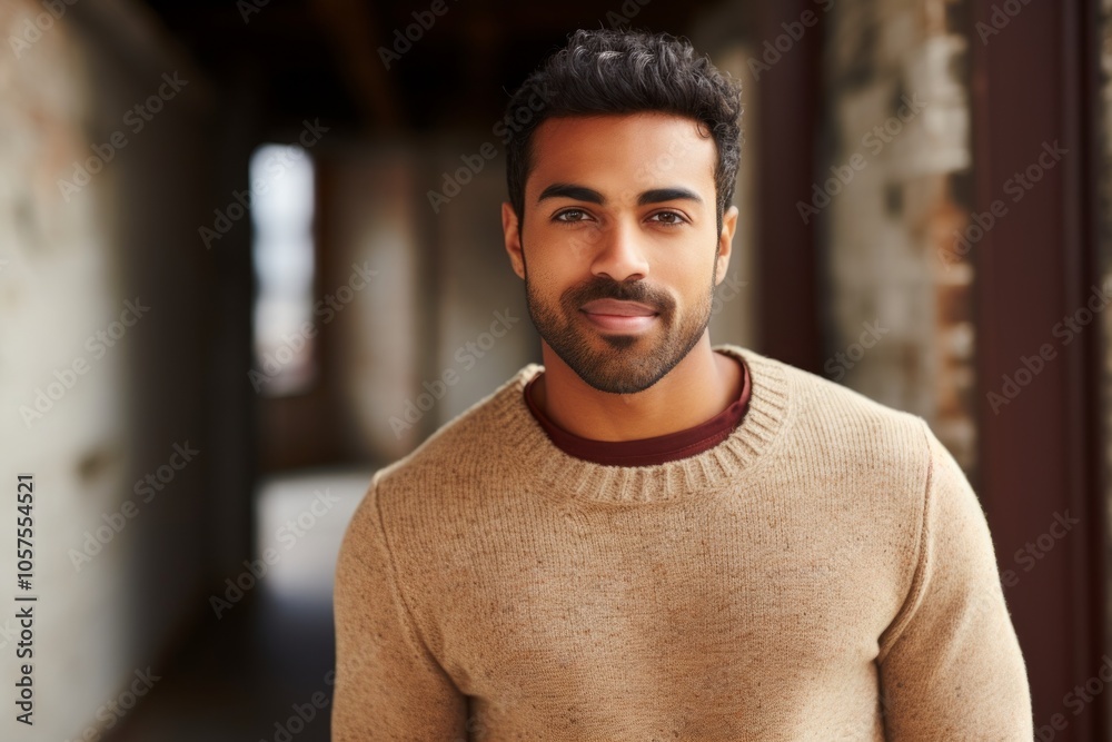 Obraz premium Portrait of a satisfied indian man in his 20s wearing a cozy sweater while standing against empty modern loft background