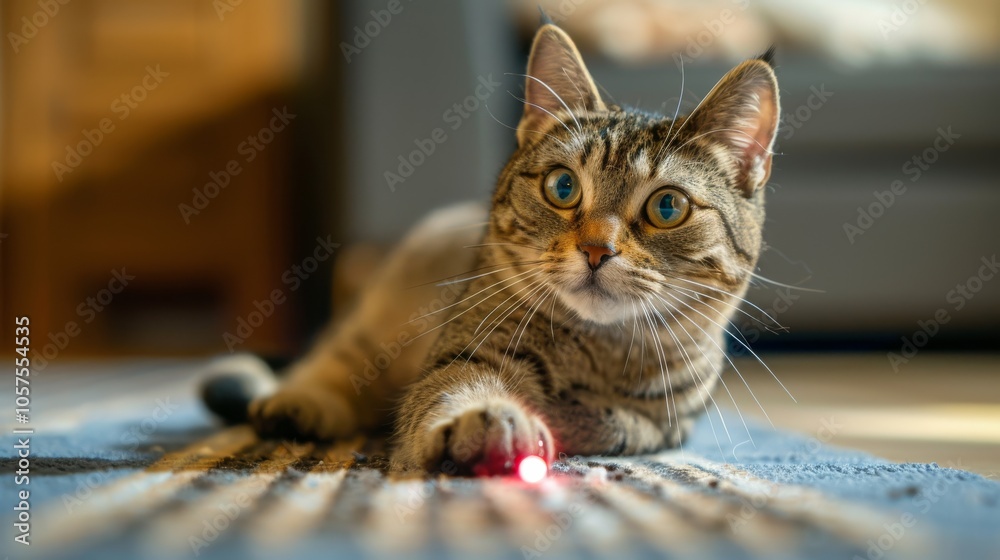 A cat with an inquisitive look stretches its paw toward a moving laser pointer dot on the floor, showcasing its playful demeanor. Close-up photo with clean background A cat with an inquisitive look stretches its paw toward a moving laser pointer dot on the floor, showcasing its playful demeanor. Close-up photo with clean background