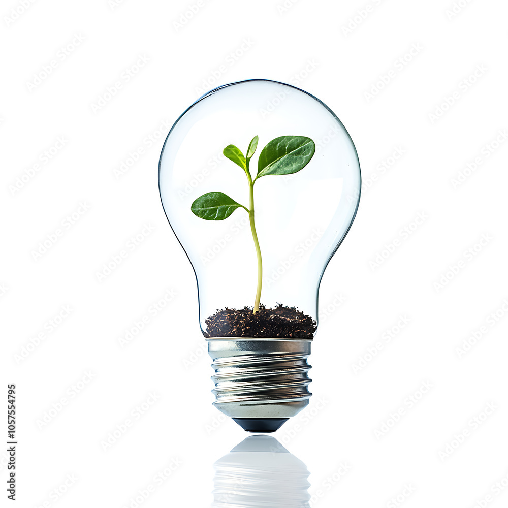 Light bulb with sprout inside isolated on white background green energy concept 