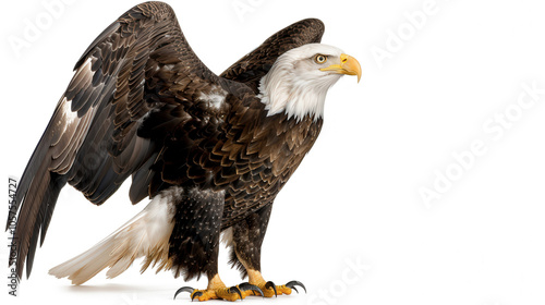 Majestic eagle in flight, wings fully extended, isolated on a pristine white background, showcasing intricate feather details, ideal for promotional use and creative designs photo