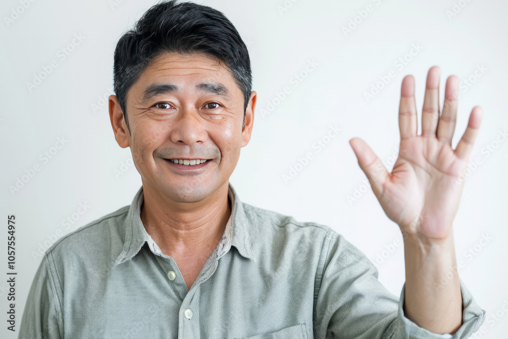 A Chinese man look in the camera, friendly wave and a friendly smile in front of neutral white backdrop. A Chinese man look in the camera, friendly wave and a friendly smile in front of neutral white backdrop.
