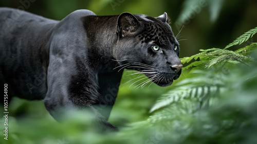 Close-up of a black panther stealthily moving through dense green foliage in a jungle setting, highlighting its sleek black fur and intense gaze.