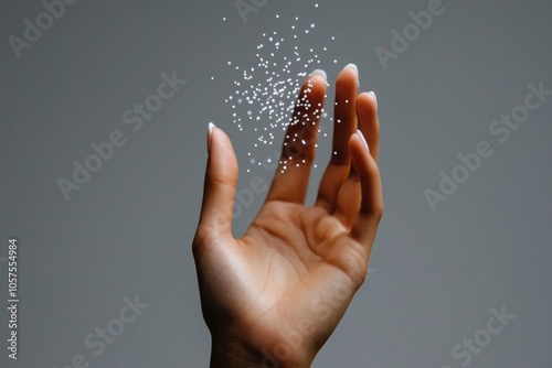 Minimalist line art of a hand sprinkling small dots over a blank background, capturing the simplicity and gentle motion of sprinkling, symbolizing elegance and ease