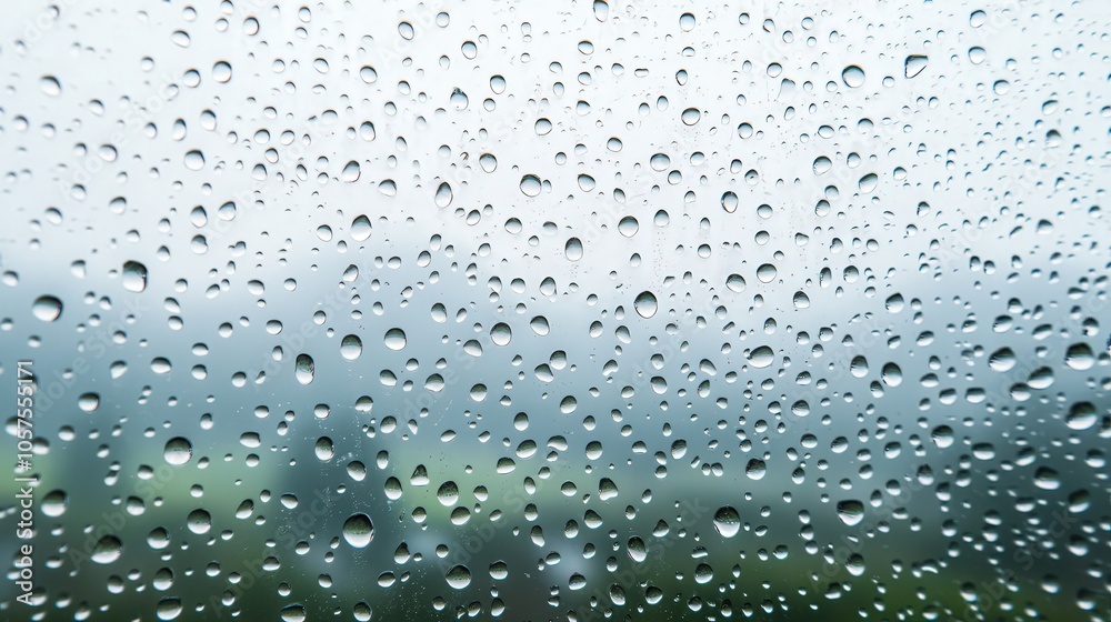 Raindrops on a window with misty mountains in the distance, serene atmosphere, nature's beauty, perfect for reflections or captions, evokes tranquility and contemplation