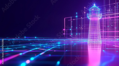 A glowing wireframe lighthouse stands tall in a digital landscape, symbolizing guidance and direction in the digital age.