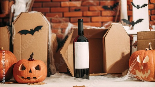 a still life photography with Halowwen pumkins, and a horror cementery. In the middle there a wine
bottle with black empty label.
 photo