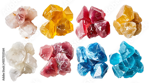 Set of topaz stones in different colors like blue, yellow, and pink, isolated on white, cut out photo