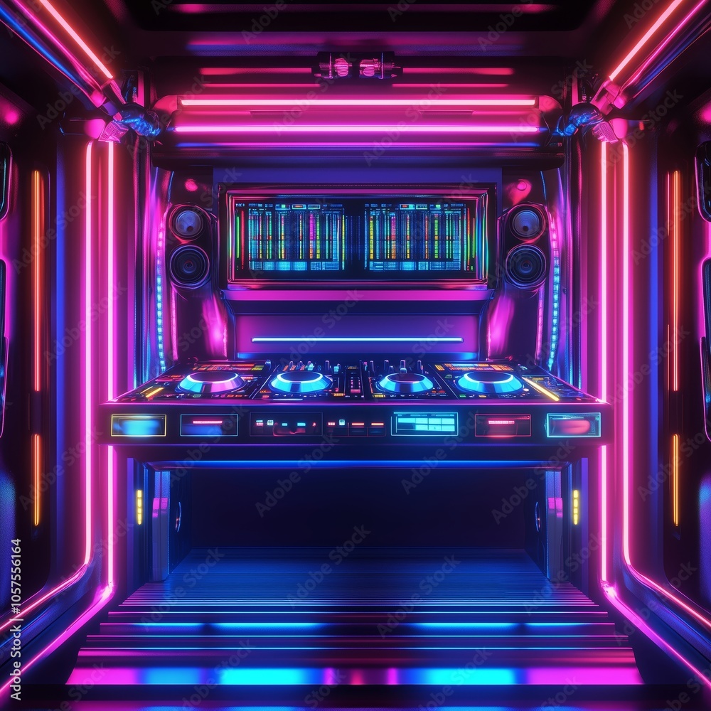 Modern DJ Console with Vibrant Neon Stripes – Nightclub Party Atmosphere - Made with Generative AI Modern DJ Console with Vibrant Neon Stripes – Nightclub Party Atmosphere - Made with Generative AI