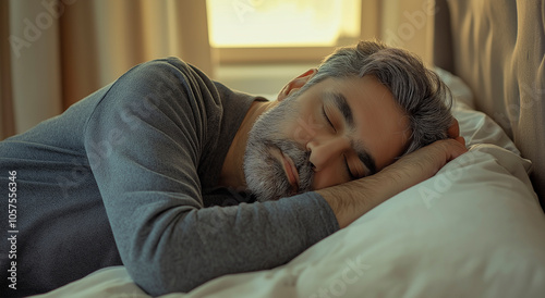 Homem satisfeito na casa dos quarenta, deitado de lado com uma expressão gentil, dormindo em um quarto elegante, refletindo uma sensação de calma e tranquilidade. foto photo