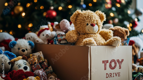 Toy Drive Box with Teddy Bears and Gifts by Christmas Tree