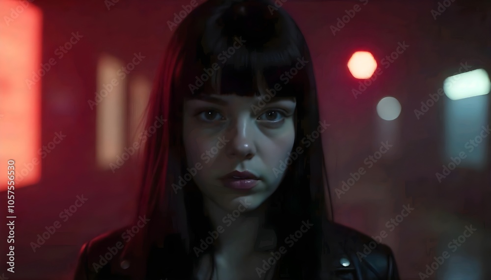 A teenage girl in black with bangs, wearing a black leather jacket, is gazing intensely at the camera in front of a dark red background. A teenage girl in black with bangs, wearing a black leather jacket, is gazing intensely at the camera in front of a dark red background.