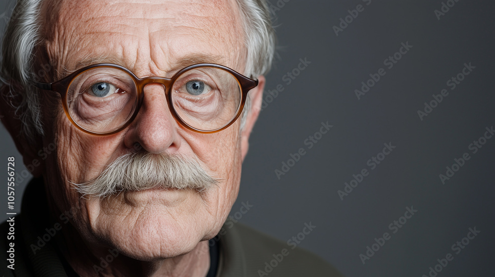 Elderly Man with Glasses and Mustache Looking at Camera on Dark Gray Background Elderly Man with Glasses and Mustache Looking at Camera on Dark Gray Background
