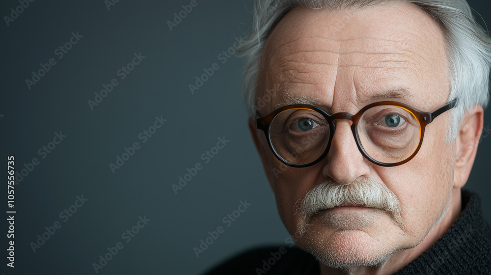 Serious Elderly Man with Glasses and Mustache on Dark Background Serious Elderly Man with Glasses and Mustache on Dark Background