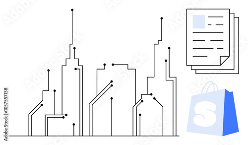 Cityscape with circuit-like lines connected to buildings, alongside documents and a shopping bag. Ideal for futuristic, technology, urban development, shopping, business themes. Simple, modern style