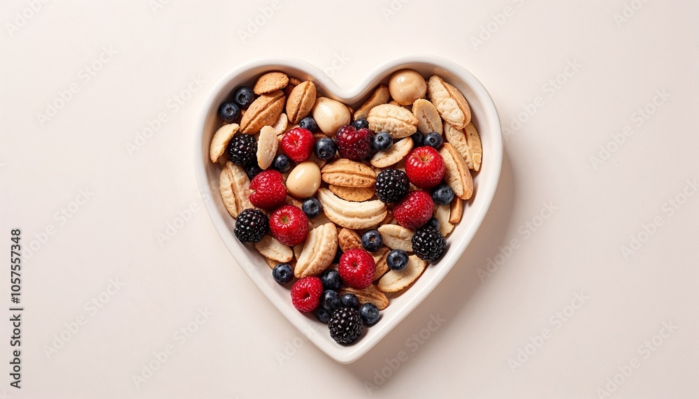 Heart-shaped bowl filled with mixed berries and cookies for healthy snacking
Heart-shaped bowl filled with mixed berries and cookies for healthy snacking