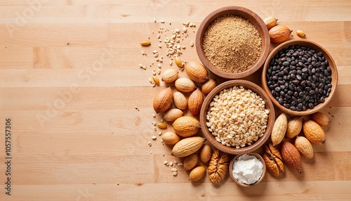 Assorted nuts and grains in wooden bowls on wooden surface