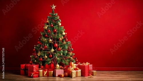 christmas tree with presents on red background, Copy space right of tree