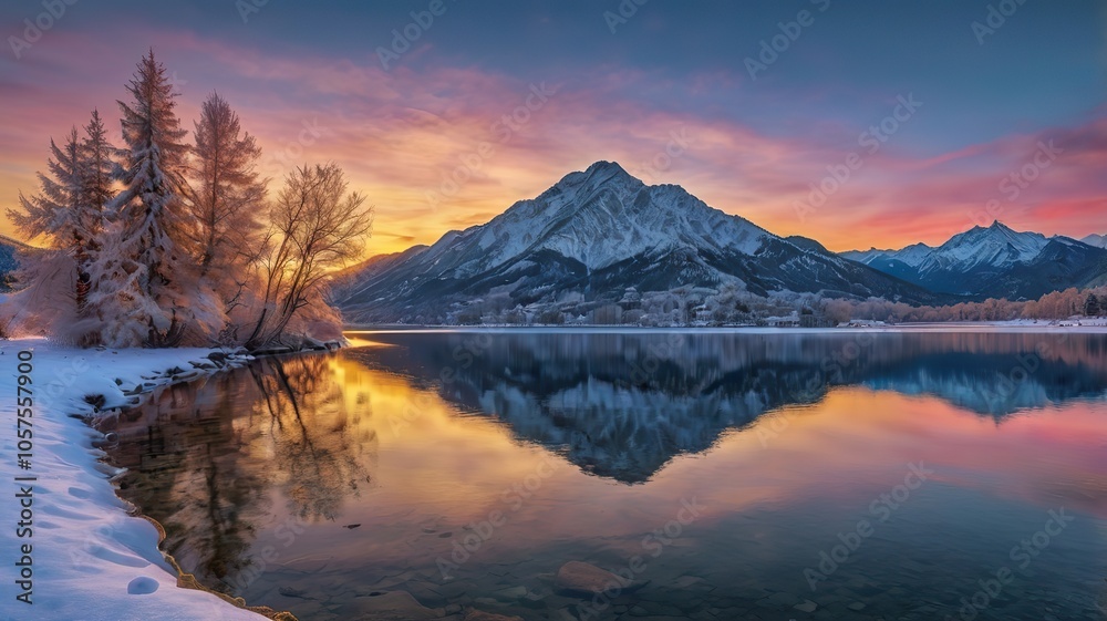 Wintertime At Twilight On The Serene Mountain Lake. Ideal for desktop background wallpaper or screensaver. Wintertime At Twilight On The Serene Mountain Lake. Ideal for desktop background wallpaper or screensaver.