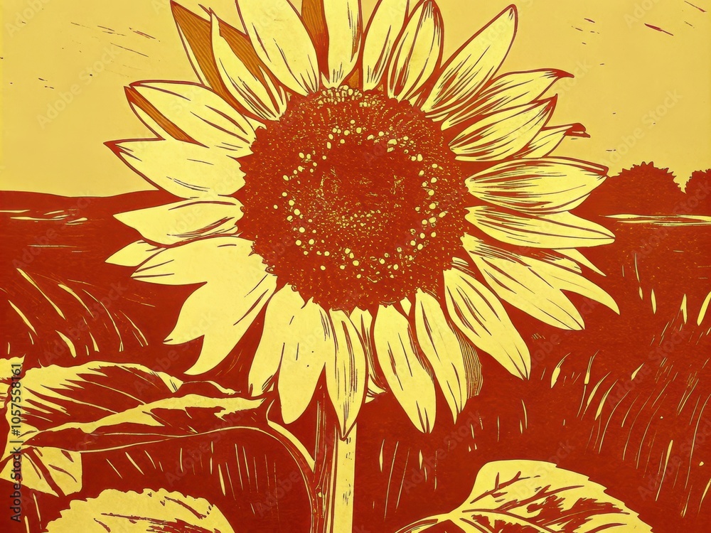 Fototapeta premium A vibrant sunflower stands tall against a golden sky, symbolizing summer’s warmth and the beauty of nature's blooms. Generative AI