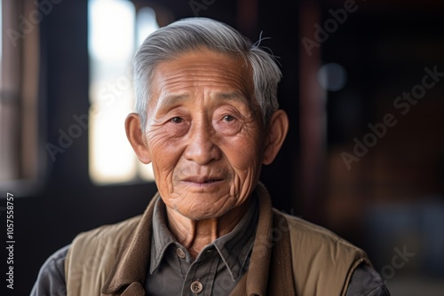 Portrait of a blissful asian elderly 100 years old man dressed in a breathable mesh vest on empty modern loft background photo