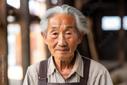 Portrait of a blissful asian elderly 100 years old man dressed in a breathable mesh vest while standing against empty modern loft background