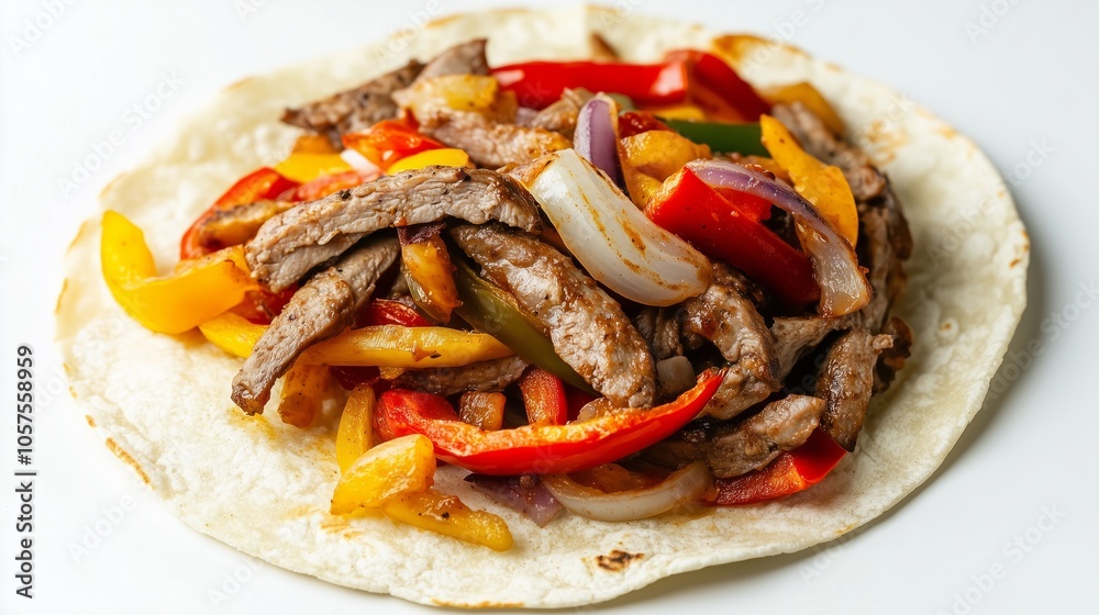 Taco with meat, peppers, and onions on top of a tortilla Taco with meat, peppers, and onions on top of a tortilla