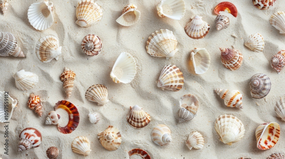 Collection of small, delicate sea shells spread across a pristine sand background, each shell displaying its own unique pattern and color variation