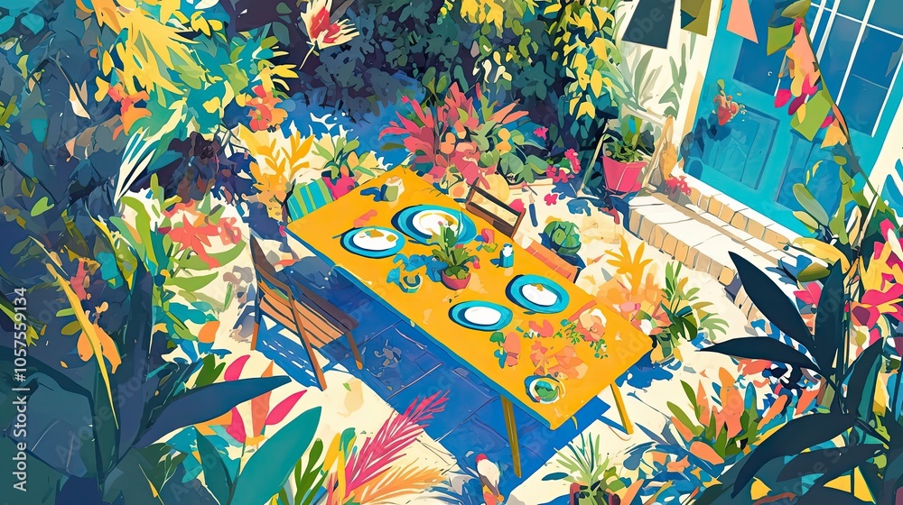 Obraz premium A Yellow Table Set for a Meal in a Lush Garden