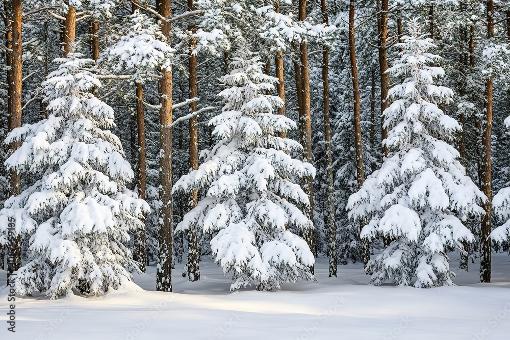 Snowy evergreen trees stand tall in serene winter forest Snowy evergreen trees stand tall in serene winter forest