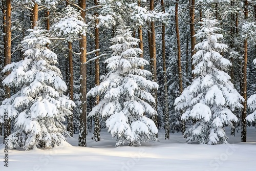 Snowy evergreen trees stand tall in serene winter forest